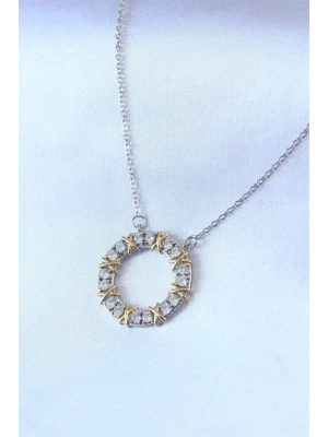 316L Çelik Gümüş Renk Zirkon Taşlı Gold Detay Xoxo Kadın Kolye