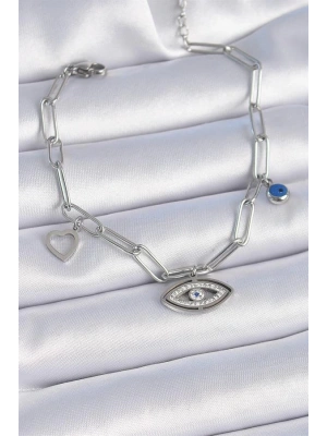 316L Çelik Gümüş Renk Zirkon Taşlı Göz Figür Kalp Detay Kadın Bileklik
