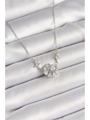 316L Çelik Gümüş Renk Zirkon Taşlı Hilal Kalp Model Kadın Kolye