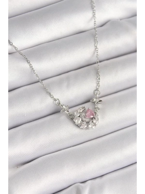 316L Çelik Gümüş Renk Zirkon Taşlı Hilal Pembe Kalp Model Kadın Kolye