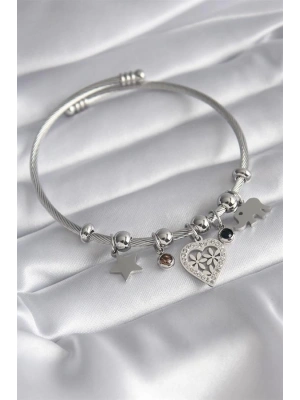 316L Çelik Gümüş Renk Zirkon Taşlı Kalp Figür Fil Detay Charm Model Kadın Bileklik