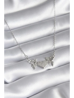 316L Çelik Gümüş Renk Zirkon Taşlı Kanat Kalp Model Kadın Kolye