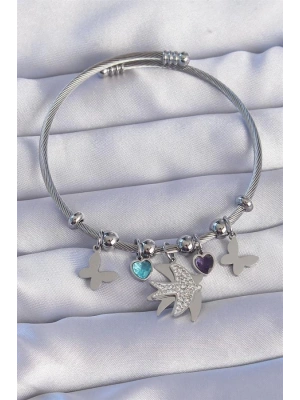 316L Çelik Gümüş Renk Zirkon Taşlı Kuş Tasarımlı Kelebek Detay Charm Bileklik