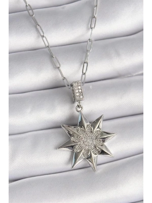 316L Çelik Gümüş Renk Zirkon Taşlı Kutup Yıldızı Model Kadın Kolye