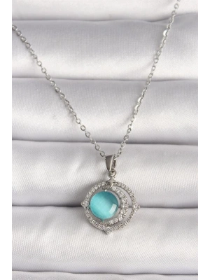 316L Çelik Gümüş Renk Zirkon Taşlı Mavi Sedefli Hilal Model Kadın Kolye