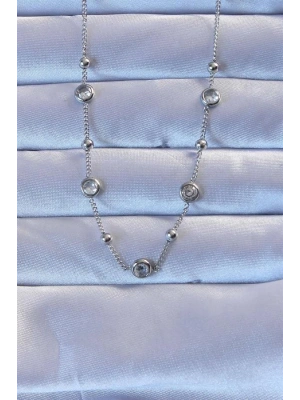 316L Çelik Gümüş Renk Zirkon Taşlı Top Zincirli Kolye