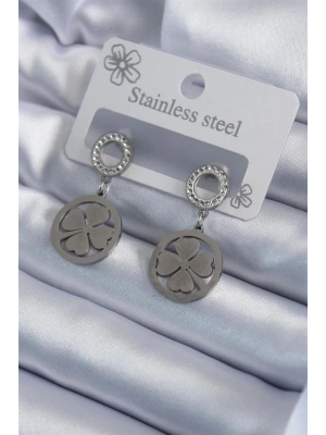 316L Çelik Gümüş Renk Zirkon Taşlı Yonca Model İşleme Detay Kadın Küpe