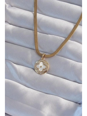 316L Çelik İtalyan Zincirli Gold Renk Zirkon Taşlı Sedefli Yonca Model Kolye