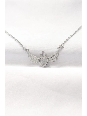 316L Çelik Silver Renk Zirkon Taşlı Kalpli Kanat Kolye