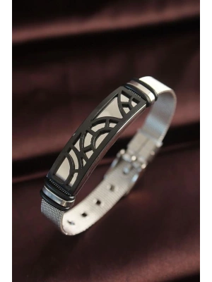 316L Çelik Siyah Desenli Ayarlanabilir Hasır Kordonlu Bileklik
