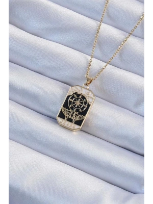 316L Çelik Zincir Altın Renk İşlemeli Siyah Mineli Tarot Kolye