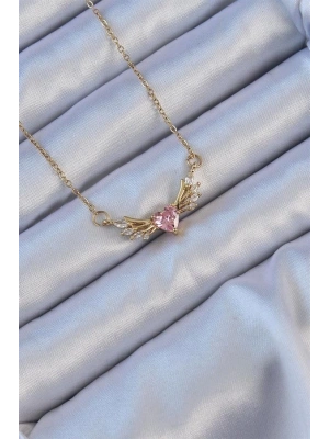 316L Çelik Zincir Altın Renk Kanatlı Pembe Zirkon Taşlı Kalp Kolye