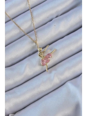 316L Çelik Zincir Altın Renk Pembe Zirkon Taşlı Balerin Kolye