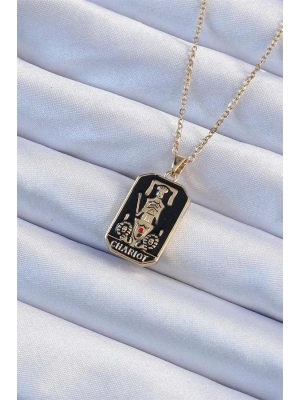 316L Çelik Zincir Altın Renk Siyah Mineli Tarot Kolye