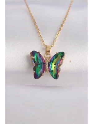 316L Çelik Zincir Altın Renk Zincir Yeşil Kelebek Model Renkli Zirkon Taşlı Kolye