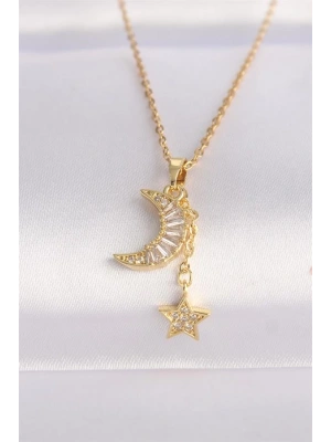 316L Çelik Zincir Altın Renk Zirkon Taşlı Ay Yıldız Kolye