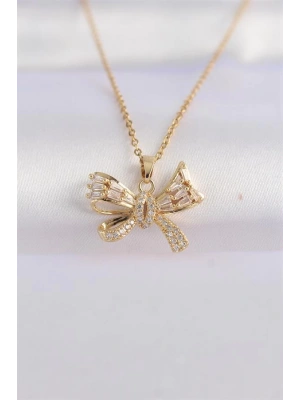 316L Çelik Zincir Altın Renk Zirkon Taşlı Fiyonk Kolye