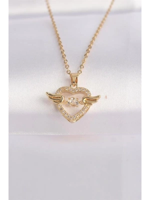 316L Çelik Zincir Altın Renk Zirkon Taşlı Kanatlı Kalp Kolye