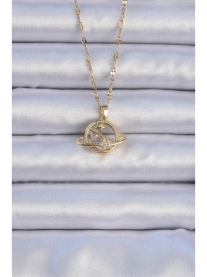 316L Çelik Zincir Altın Renk Zirkon Taşlı Yıldızlı Satürn Kolye