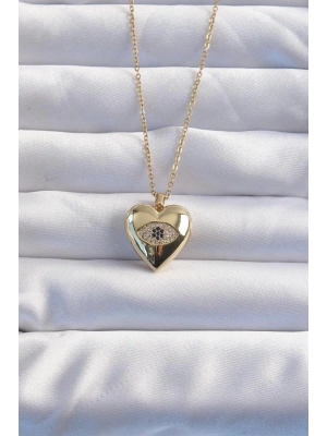 316L Çelik Zincir Gold Renk Zirkon Taşlı Göz Figürlü İçi Açılabilir Kalp Model Kolye