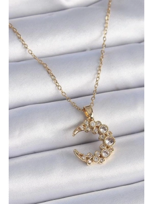 316L Çelik Zincir Gold Renk Zirkon Taşlı Hilal Model Kadın Kolye