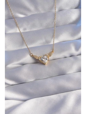 316L Çelik Zincir Gold Renk Zirkon Taşlı Kanatlı Kalp Kolye