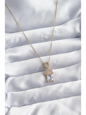 316L Çelik Zincir Gold Renk Zirkon Taşlı Taç Model Kadın Kolye