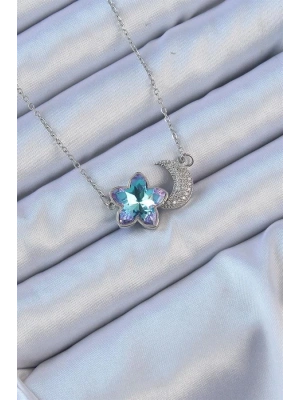 316L Çelik Zincir Gümüş Renk Ay Tasarımlı Renkli Zirkon Taşlı Çiçek Kolye