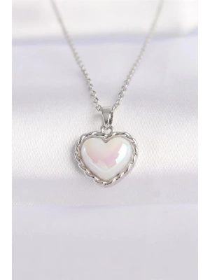 316L Çelik Zincir Gümüş Renk Beyaz Taşlı Bombeli Kalp Kolye