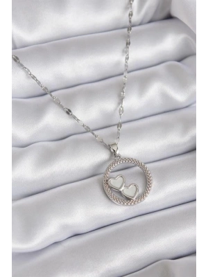 316L Çelik Zincir Gümüş Renk İşleme Detay Halka Kalp Model Kadın Kolye