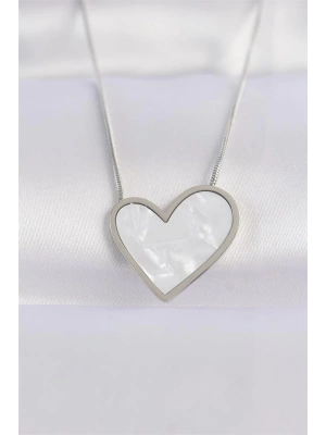 316L Çelik Zincir Gümüş Renk Mermer Desenli Kalp Kolye