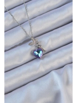 316L Çelik Zincir Gümüş Renk Mor Mavi Renk Zirkon Taşlı Kalp Detay Peri Kolye