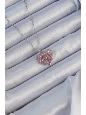 316L Çelik Zincir Gümüş Renk Pembe Parçalı Zirkon Taşlı Kalp Kolye