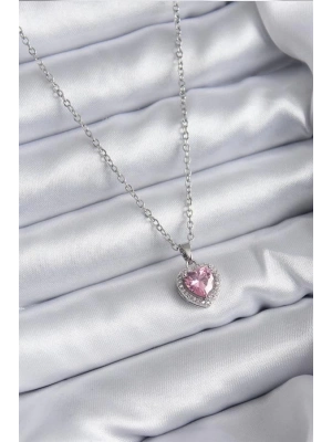316L Çelik Zincir Gümüş Renk Pembe Zirkon Taş Charm Model Kadın Kolye