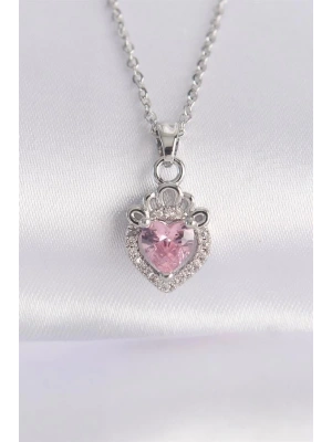 316L Çelik Zincir Gümüş Renk Pembe Zirkon Taşlı Rapunzel Kolye