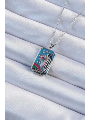 316L Çelik Zincir Gümüş Renk Taç ve Kız Figürlü Renkli Mineli Tarot Kolye