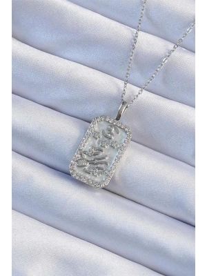 316L Çelik Zincir Gümüş Renk Zirkon Taşlı Çerçeveli Tarot Kolye