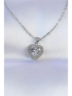 316L Çelik Zincir Gümüş Renk Zirkon Taşlı Charm Kalp Kolye