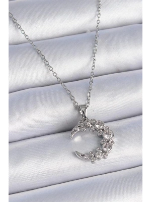 316L Çelik Zincir Gümüş Renk Zirkon Taşlı Hilal Model Kadın Kolye