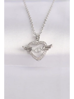 316L Çelik Zincir Gümüş Renk Zirkon Taşlı Kanatlı Kalp Kolye