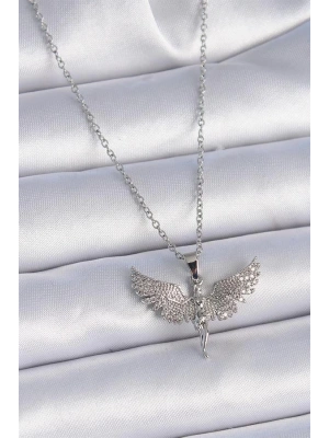 316L Çelik Zincir Gümüş Renk Zirkon Taşlı Melek Model Kadın Kolye