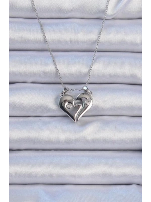 316L Çelik Zincir Gümüş Renk Zirkon Taşlı Mıknatıslı Kalp Kolye