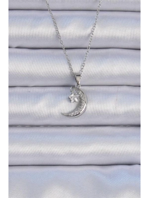 316L Çelik Zincir Gümüş Renk Zirkon Taşlı Sallantılı Ay Yıldız Kolye