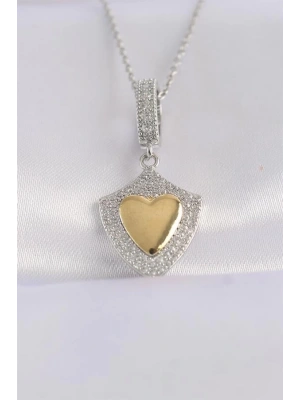 316L Çelik Zincir Gümüş Renk Zirkon Taşlı Tasarım Altın Renk Kalp Kolye