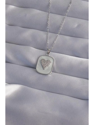 316L Çelik Zincir Mermer Desenli Gümüş Renk Zirkon Taşlı Kalp Model Kolye