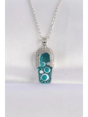 316L Çelik Zincir Zirkon Taşlı Gümüş Renk Nazarlı Terlik Tasarımlı Kolye