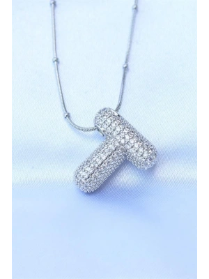 316L Çelik Zincirli Zirkon Taşlı T Harfli Gümüş Renk Bubble Kolye