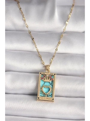 316L Gold Renk Pembe Zirkon Taşlı Taç Kalp Portre Model Kadın Kolye