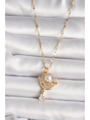 316L Gold Renk Zirkon Taşlı Ay Yıldız Model Sallantı Detay Kadın Kolye