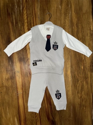 6-24 Aylık Kravatlı Üçlü Takım Gri